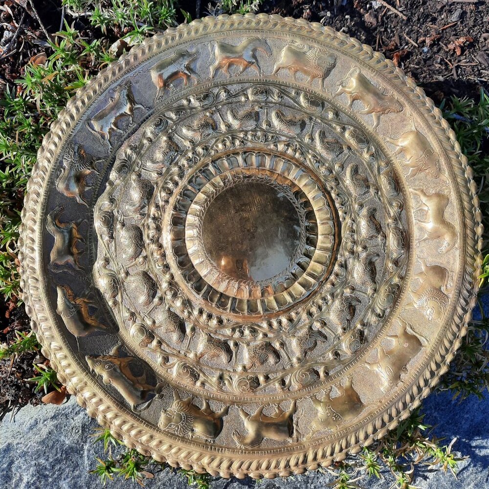 Stunning Antique Brass Embossed Animal Tray